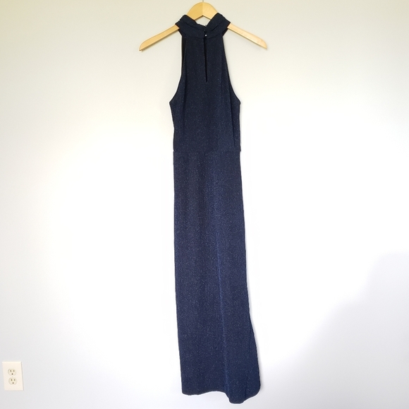 Saylor Aida Metalic Midnight Blue Sparkle Mock Neck Knot Midi Dress Sz Medium - Picture 3 of 5